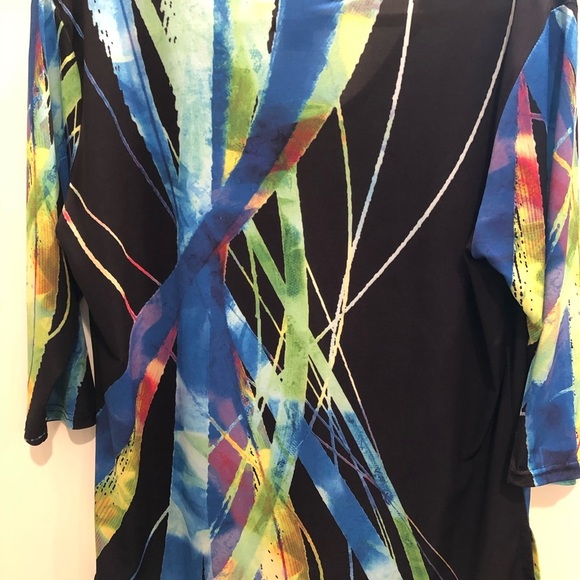 Valentina Top Artsy Rhinestone Colorful Festival Stretch Sz L Mature 3/4 Sleeve - Picture 2 of 9